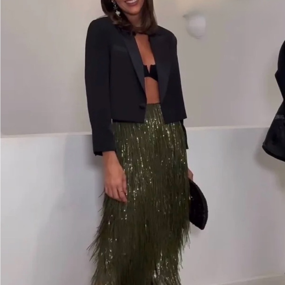Zara Olive Fringe Midi Skirt